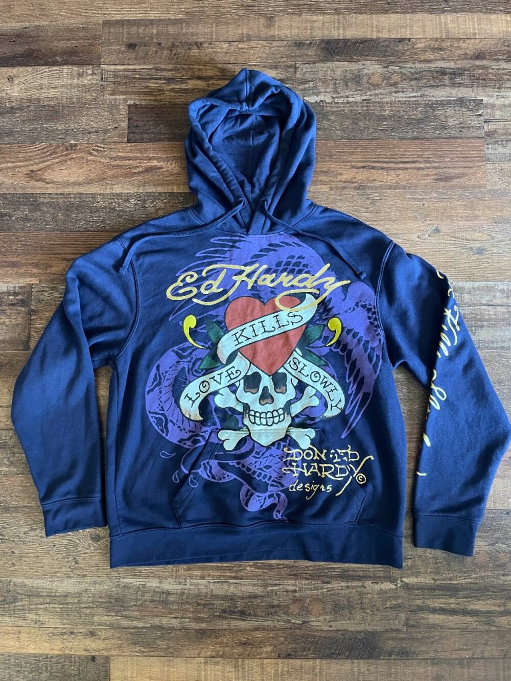 Ed Hardy Mens Pullover Hoodie Love Kills Slowly Blue Size Large Y2K